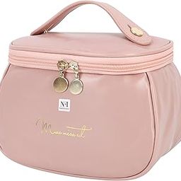 NFI essentials Cosmetic Travel Organizer Bag, Women's Makeup Pouch Toiletry Bag Portable Leather Wide Opening Cosmetics Bag With Handle For Girls, 12Cm, Pink-image-21