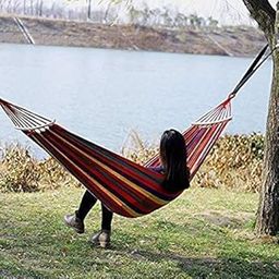 Wooden Stick Swing with Whiter Rope Hammock Hanging Camping Canvas Fabric Portable Outdoor Garden Hammocks Striped Ultralight Beach Swing Bed with Strong Rope (Multicolor)-Pack 1-image-47
