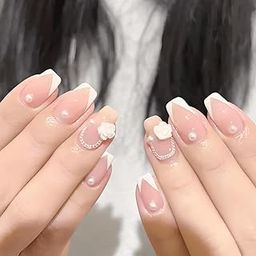 Nakhi 24 Reusable Artificial Fake Nail Set | Base Peach colour with White Rose Design Glossy Nails | Lightweight & Long Lasting| Quick Fix For Festivals & Special Occasions-1