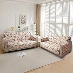 HOKIPO Printed Quilted Sofa Covers 3 Seater and 2 Seater with Pockets on Armrest Cover, Beige Peonies (IN-812 + IN-813-D3)-image-46