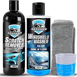Groommm Car Scratch Remover (250ML) & Windshield Washer Fluid for Car 250ML - (20ML in 1L Water) Combo with Cap & Microfiber Cloth | Highly Concentrated | Wiper Liquid & Scratch Repair Kit-picture-14