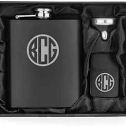 Monogram Engraved Matte Black 7oz Stainless Steel Hip Flask Funnel Lighter Gift Set Custom Personalized-image-31