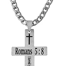 m men style Christian Bible Verse Romans 5:8 loved you at your darkest Silver Stainlees Steel Cross Mens Jewellery Pendant Necklace Chain For Men-picture-37