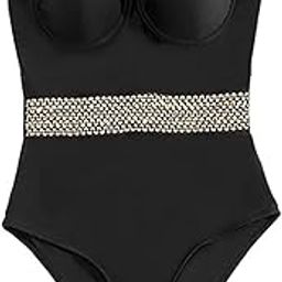 Gold Sequine Strap Swimsuit, Women's Shape Push Up Swimsuit, Plus Size Bathing Suitwear, Contrast Trim Strap Bodysuit, Women's Clothing-image-25
