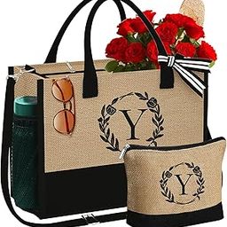 Initial Jute Tote Bag & Makeup Bag Beach Tote Bag with Zipper Pockets Adjustable Strap Birthday Gifts for Women Her, Yellow, Y-image-18