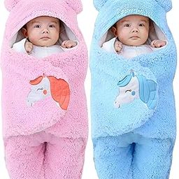 BRANDONN Baby Blankets New Born Combo Pack of Super Soft Baby Wrapper Baby Sleeping Bag for Baby Boys/Girls (76cm x 42cm, 1-6 Months, Sherpa Microfiber, Lightweight, Unicorn Pink & Blue)-image-99