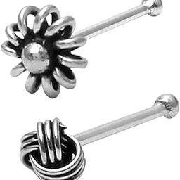 New Tiny Flower Shaped AND Knot Shaped both Antique & 3mm bone type Nose Pin in 92.5 Oxidized Silver for girls/women Piercing for Helix Cartilage Lobe Tragus-27
