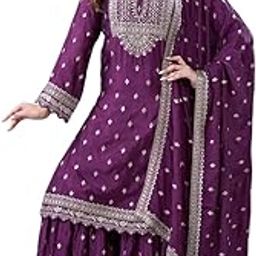 Women's Chinon Silk Embroidered Straight Kurta with Sharara & Dupatta Set-image-83