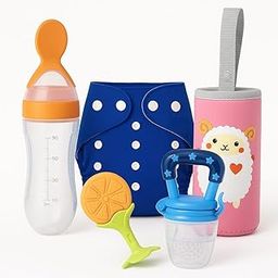 Joy Buzz Baby Cloth Resuable Diaper With 1 insert , Food and Fruit Feeder & Silicone Fruit Shape Stand Teether With Feeding Bottle Cover Sleeves Suitable For 120ml 220ml 240ml Multicolor Pack of 5 (MULTICOLOR 3)-image-26