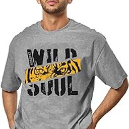 Half Sleeve Oversized Tshirt for Men, Round Neck Longline Drop Shoulder | Colorful Printed T-Shirt (Grey Color)-image-88