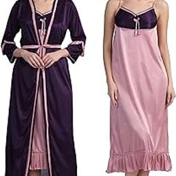 Women's Satin Full Length Night Suit/Nighty/Nightdress/Night Gown for Women and Girls-image-90