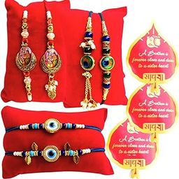 Handmade Designer Evil Eye Religious Radha Krishna Morpankh Bhaiya Bhabhi Hanging Lumba Rakhi Combo (Set of 3) with 3 Tilak Packs and 3 Greeting Cards Raksha Bandhan Rakhee Set-image-21