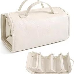 BLUE BEADS 4 in 1 Travel Toiletry Bag PU Leather Roll Up Cosmetic Bag 4 Detachable Compartments Foldable Makeup Handbag for Travel (Off White)-17