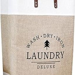 68L Laundry Basket for Clothes | Laundry Bag Foldable | Linen Leather Bag | Freestanding Organizer | Bin Hamper for Dirty Used Clothes for Washing | Toy Storage Basket (13.8*3.5*22inch, Khaki&White)-image-24