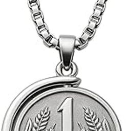 S Imitation Jewellery Stainless Steel Number One Medal Pendant Necklace with Wheat Design, Box Chain, Silver-image-97