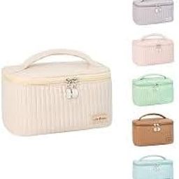 Luxury Travel Makeup Case, PU Leather, Waterproof Cosmetic Organiser with Brush Holder, 22 x 20 x 12 cm, Beige-image-15