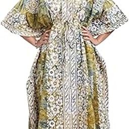 Women's 100% Pure Cotton Hand Dyed Batik Free Size Kaftan | Nightwear Kaftan | Nighty for Women | Lounge Wear | Sleepwear - Light Green Border Flower Design K71-image-35