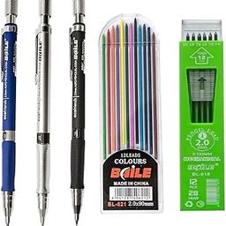 worison 3pc Multicolored 2B Mechanical Pencil Set with 2.0mm Tip – Includes 12 Black and 12 Multicolor Leads in Portable Storage Case for Writing, Drawing, Coloring, and Creative Work-49