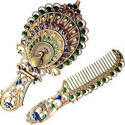 The Rapid Maturation Vintage Peacock Design Hand Mirror and Comb Set, Antique Bronze Finish with Green and Blue Crystals-picture-54
