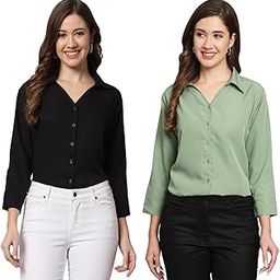 Women Regular Fit Solid V Collered Casual Shirt (Pack of 2)-image-82