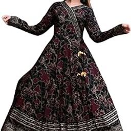 Women's Rayon Long Sleeves Flower Printed V Neck Long Maxi Length Anarkali Gown Dress for Wedding Office & Festival-25