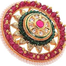 Women 22K Gold Plated Kundan Studded Red & Green Crystal With Pearl Beaded Handcrafted Adjustable Ring-11