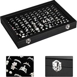 BucketList Fabric Glass Jewelry Ring Display Box Tray Holder Storage Organizer - Display Storage Showcase Holder Organizer - Fabric Glass Tray Holder Storage Box Organizer (Black)-image-8