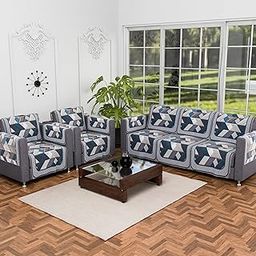 Kuber Industries Set of 16 Velvet Anti-Skid Sofa Cover 5-Seater with Arm Cover | Comfortable Slipcover Sofa Cloth & Furniture Protector for Home Decor | Triangular-Grey & Blue-1