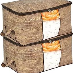 Kuber Industries Wooden Print Non Woven 2 Pieces Underbed Storage Bag,Cloth Organiser,Blanket Cover with Transparent Window (Brown)-image-75