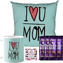 YaYa cafe™ Mother's Day Chocolate Gifts Combo for I Love You Mom Mug, Cushion Cover, 5 Dairy Milk Chocolate, with Coaster-image-20