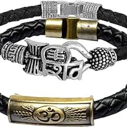 Religious Om Shiv Damru Trishul Arm Cuff Combo Set Silver,Black and Brown Leather, Brass Bracelet for Men and Women-7