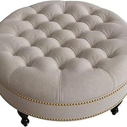 Ereteken ART Round Velvet Footrest Stool, Upholstered Ottoman Coffee Table, Button Tufted Padded Foot Stools with Solid Wood Legs (Off White) (Off White)-image-45