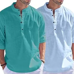 bellstone Men's Cotton Blend Solid Regular Dress Shirt (KURTA1500_Combo_RAMA & Sky_S-picture-5