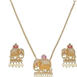 Elephant Design Traditional Necklace Set Micro Gold Plated with Victorian Polish | Studded Pearls & Zircon Stone-image-48