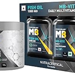 MuscleBlaze Micronised Creatine Monohydrate CreAMP Powder, Unflavoured (32 Servings, 100g), MB-Vite Daily Multivitamin (30 Tablets) & Omega 3 Fish Oil 1000 Mg (30 Capsules) | Pack of 3-10