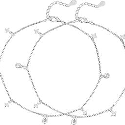 925 Sterling Silver Stars and Circular Drops Cubic Zirconia CZ Rhodium Plated Adjustable Chain Anklets (Pair) | Gift for Women and Girls | With Certificate of Authenticity and 925 Hallmark-image-38