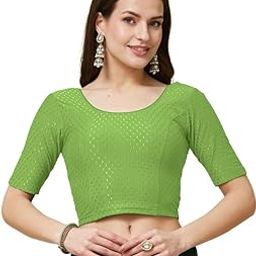 Readymade Round Neck Self Woven Cotton Lycra Stretchable Elbow Half Sleeve Readymade Saree Blouse for Women Stylish-image-69
