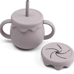 Ginbear 2-in-1 Silicone Baby Cups with Straw and Lid for Snacks, 8.5 oz Spill-Proof Sippy Cups, Training Cup for Toddlers Ages (Argil.)-picture-19