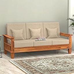 NATRAJ ART & CRAFT Sheesham Wooden 3 Seater Sofa Set for Living Room | Rosewood 3 Seater Cushion Sofa Set with Side Newspaper Holder for Home & Office 40 Density Cusion (Natural Finish)-image-4