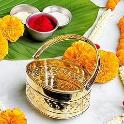 Golden Traditional Brass Flower Basket | Pooja Basket With Handle | Dolchi Basket for Puja Round Shape Dalia-image-4