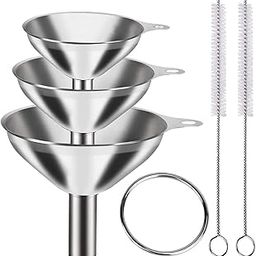 Supvox® 3Pcs Metal Stainless Steel Funnel, Large Small Funnel Set of 3 with 2 Clean Brushes, 0.47in/0.35in/0.24in Funnel Nozzle, Food Grade Mini Funnels for Kitchen-10