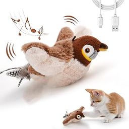 LIFLIX Interactive Cat Toys, Rechargeable Chirping Flapping Bird(no Flying) with Catnip for Indoor Cats, Touch Activated, Plush Kitten Exercise Toys (Brown Sparrow)-1
