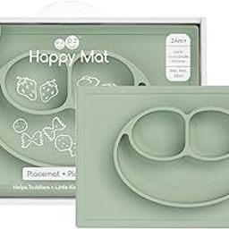 ezpz Happy Mat - 100% Food Grade Silicone Suction Plate with Built-in Placemat for Toddlers Smile Design Plates Promotes Baby Led Weaning - Divided Plate - Microwave & Oven Safe - 24months+ (Sage)-1