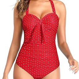 Women Tummy Control Bathing Suits Halter One Piece Swimsuits Ruched Slimming 1 Piece, Red Dot, Large-image-63
