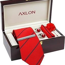 Tie for Men – Striped Silk Neck Ties Set with Cufflinks Flower Pin, Pocket Square & Black Gift Box, Combo Necktie Sets for Office Wear, Formal Suits & Weddings (Crimson Red, NXPLX_194)-image-23