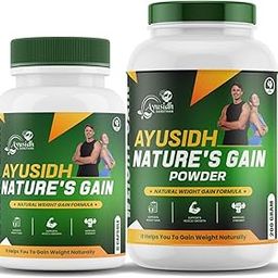 AYUSIDH SANSTHAN Nature's Gain - Combo of Natural Weight Gain Formula Capsules & Powder with 11 Herbs, 100% Organic Ayurvedic Supplement for Muscle Growth-image-82
