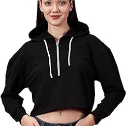 Women’s Solid Crop Top Zipper Hoodie – Half Zipper, Hooded, Full Sleeve Sweatshirt – Loopknit-image-56