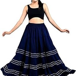 Women's Rayon Striped Long Skirt, Panelled & Lace design, Indian Style, Navy-image-7