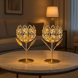 Sarita Home sajwat Set of 2 Gold Crystal Tealight Holders – Rose & Lotus Votive Candle Stands for Home Décor & Diwali Gifts-22