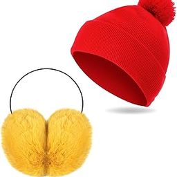 2 Pcs Christmas Adult Knit Beanie Unisex Ear Muffs Set Winter Red Warm Snug Knit Hat Yellow Ear Warmers Cute Faux Fur Ear Covers Headband for Men Women Cosplay Parties Outdoor Gifts, Red and-image-54
